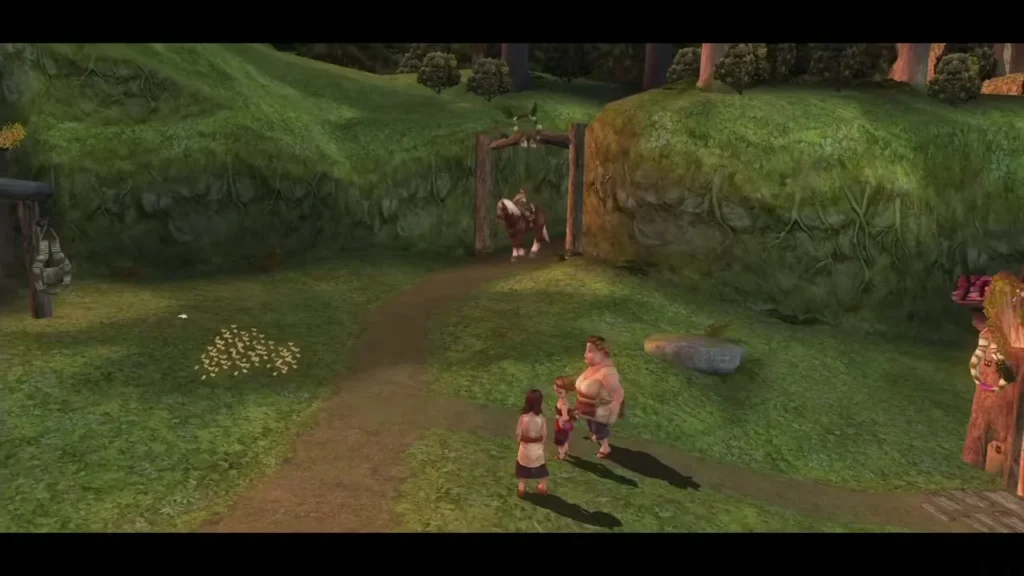 Ilia and Ordon villagers on the path at the entrance to Ordon Village