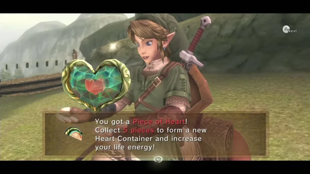 Link holding up a Piece of Heart with the message about collecting five for a Heart Container Link holding up a Piece of Heart with the message about collecting five for a Heart Container
