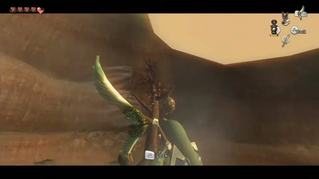 Link aiming the Slingshot at a beehive in a dead tree Link aiming the Slingshot at a beehive in a dead tree