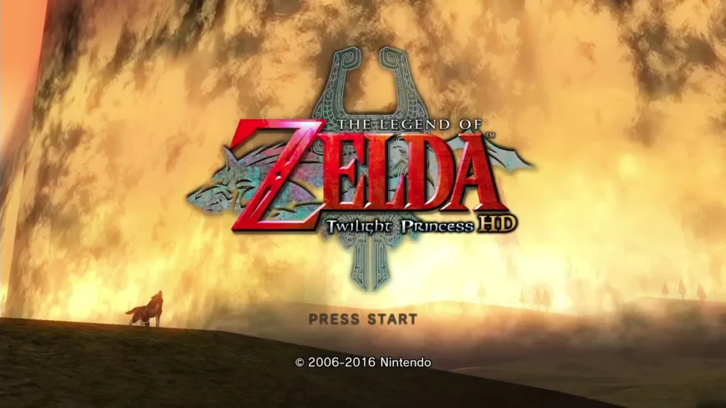 The Twilight Princess HD title screen with Wolf Link howling on a hill before a wall of golden twilight The Twilight Princess HD title screen with Wolf Link howling on a hill before a wall of golden twilight