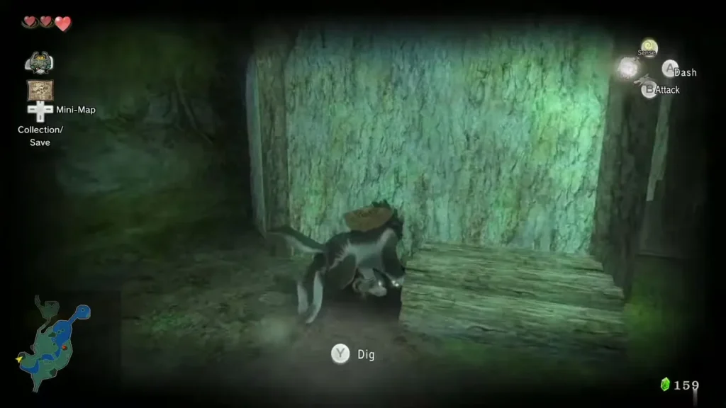 Wolf Link at a wall with the Dig prompt on screen Wolf Link at a wall with the Dig prompt on screen
