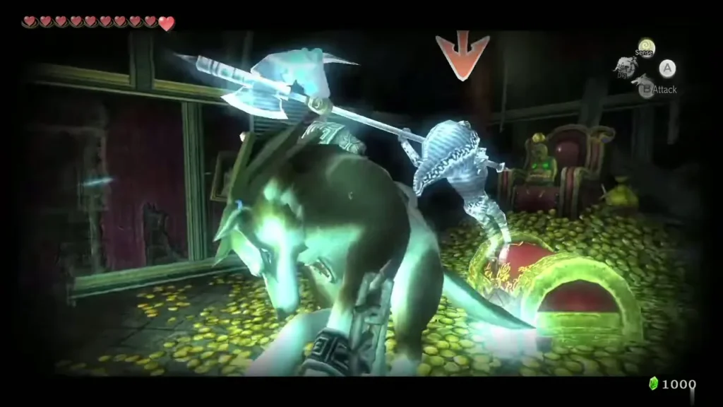 Wolf Link with Midna striking an Imp Poe in Jovani's room full of gold coins Wolf Link with Midna striking an Imp Poe in Jovani's room full of gold coins