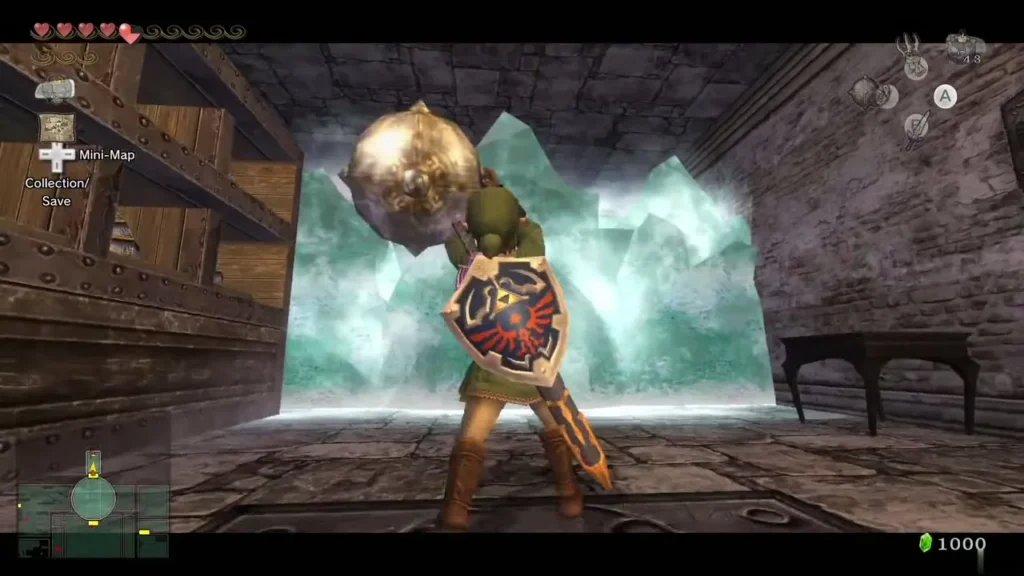 Link holding the Ball and Chain up in front of a block of ice Link holding the Ball and Chain up in front of a block of ice