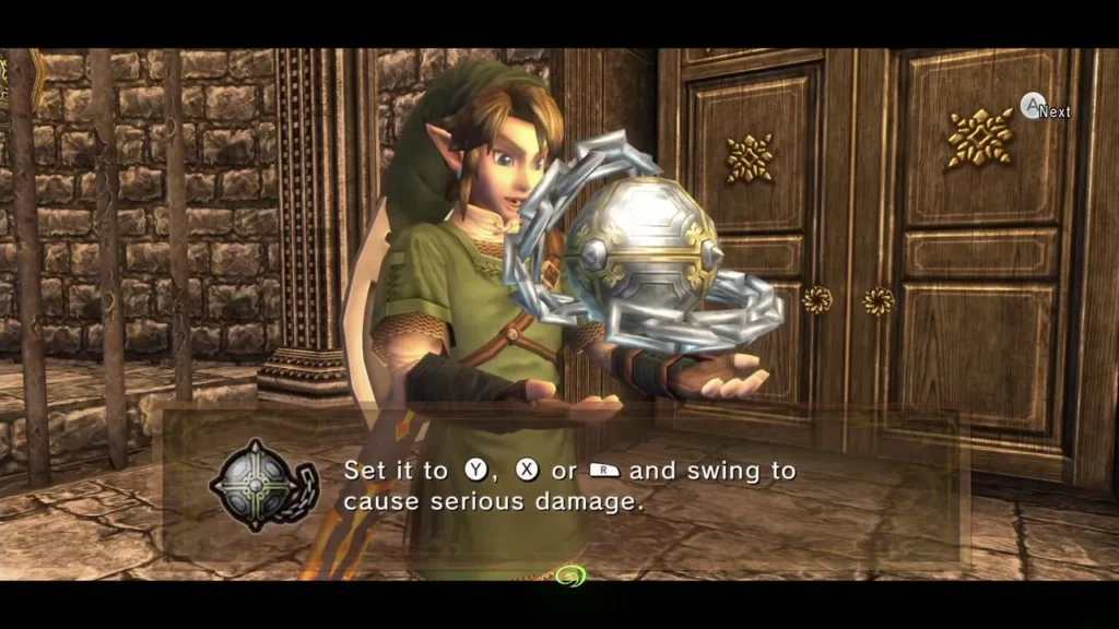 Link holding the Ball and Chain while the message explains how to swing it Link holding the Ball and Chain while the message explains how to swing it