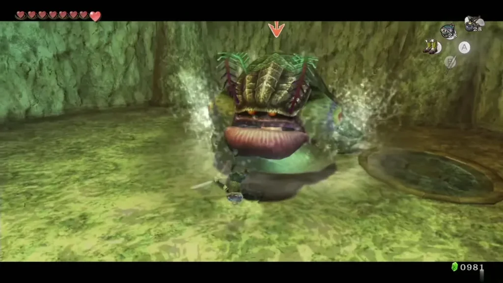 Deku Toad with its mouth open in the Lakebed Temple as Link readies an attack Deku Toad with its mouth open in the Lakebed Temple as Link readies an attack