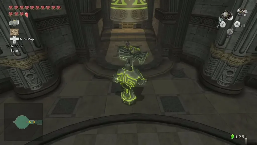 A glowing green statue standing in a temple room after the Dominion Rod animates it A glowing green statue standing in a temple room after the Dominion Rod animates it