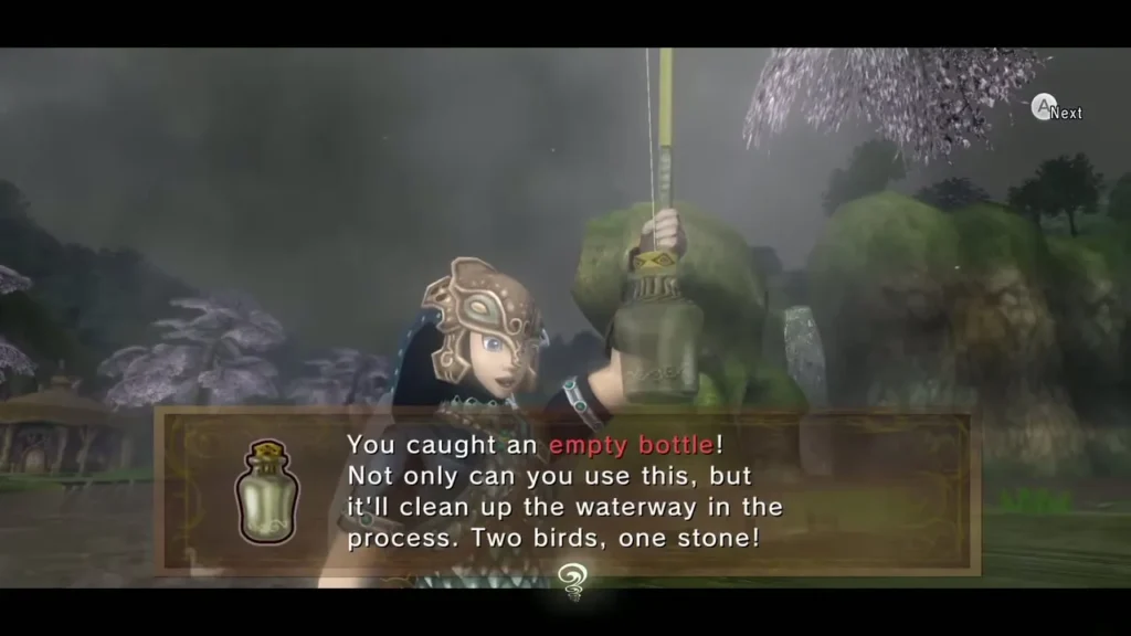 Link catching an empty bottle while fishing, with the message box Link catching an empty bottle while fishing, with the message box