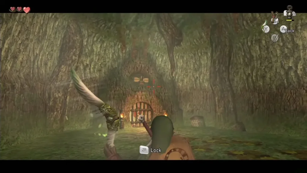 Link aiming the Gale Boomerang at a gate with the Lock prompt on screen Link aiming the Gale Boomerang at a gate with the Lock prompt on screen