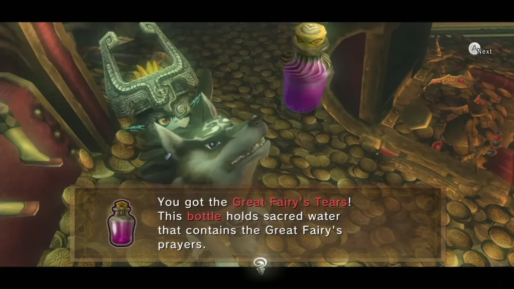 The Great Fairy's Tears bottle, with its item message box The Great Fairy's Tears bottle, with its item message box