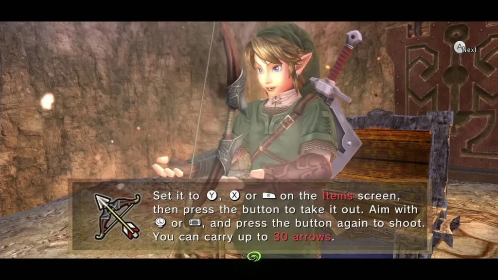 Link with the Hero's Bow while the message explains its 30-arrow quiver Link with the Hero's Bow while the message explains its 30-arrow quiver