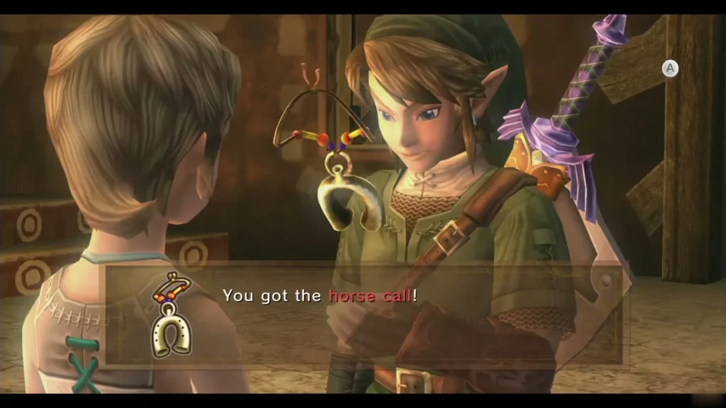 Link receives the Horse Call from Ilia in Kakariko Village, with its item message box Link receives the Horse Call from Ilia in Kakariko Village, with its item message box