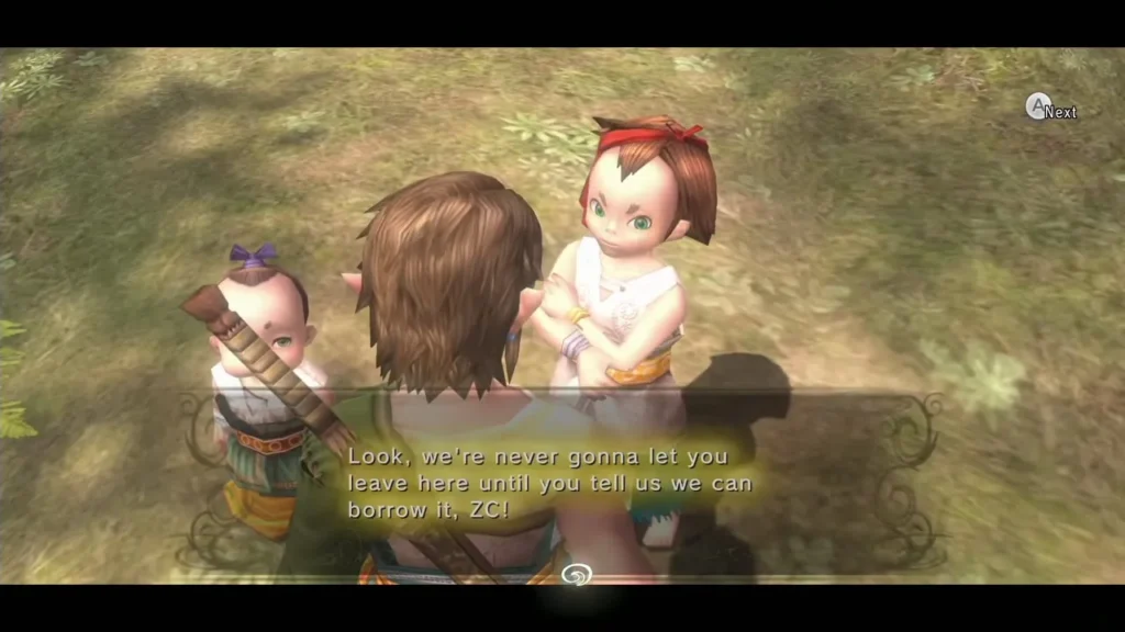 Ordon children blocking Link on the forest path while he is asked to lend the wooden sword Ordon children blocking Link on the forest path while he is asked to lend the wooden sword