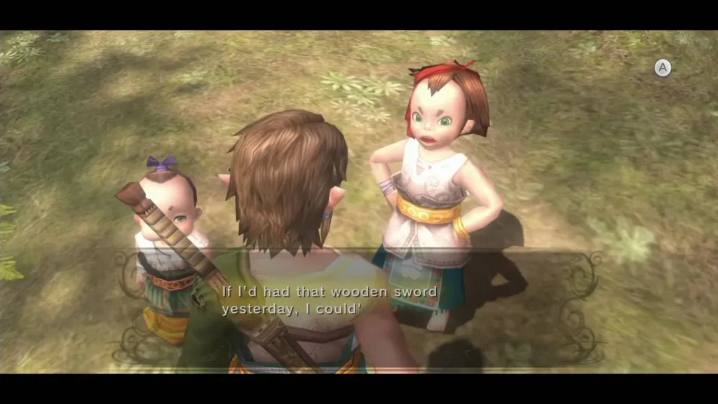 Ordon children in the forest talking with Link, wishing they could borrow the wooden sword Ordon children in the forest talking with Link, wishing they could borrow the wooden sword