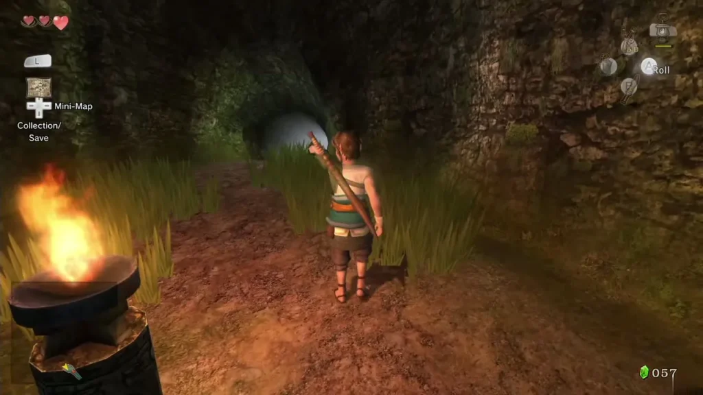 Link walking a forest cave path with the Lantern lit beside a flaming brazier Link walking a forest cave path with the Lantern lit beside a flaming brazier