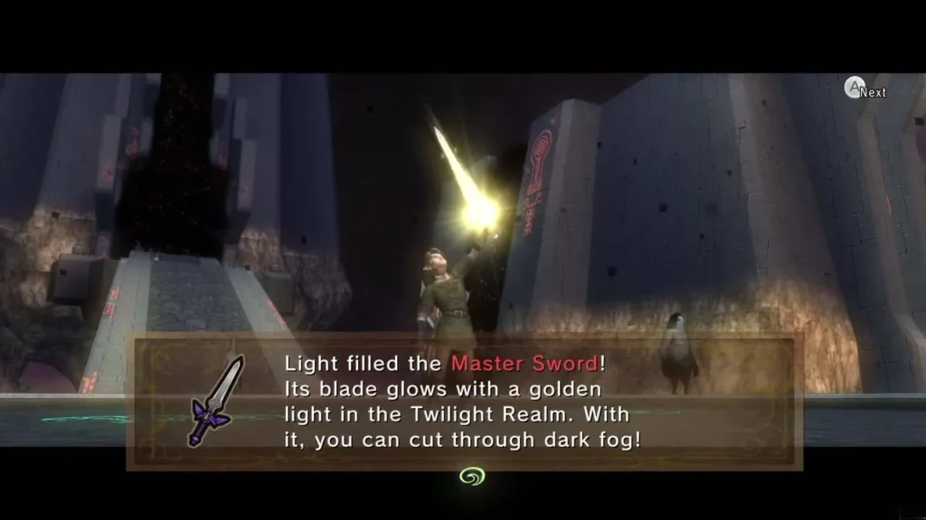 Link holding the light-filled Master Sword up, with the message that it cuts through dark fog Link holding the light-filled Master Sword up, with the message that it cuts through dark fog