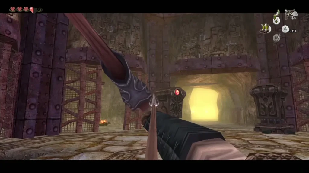 Link aiming the Hero's Bow down a stone hall toward a bright doorway Link aiming the Hero's Bow down a stone hall toward a bright doorway