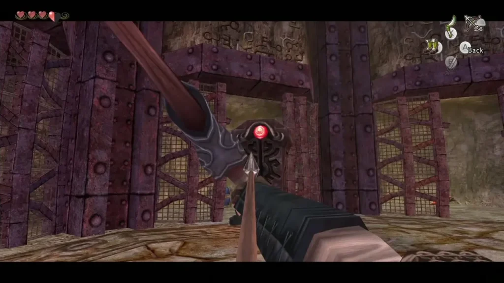 Link aiming the Hero's Bow at a glowing red target in a stone hall Link aiming the Hero's Bow at a glowing red target in a stone hall