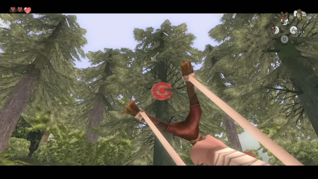Link aiming the Slingshot up at a red target in the forest canopy Link aiming the Slingshot up at a red target in the forest canopy