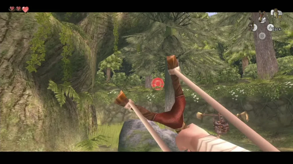 Link aiming the Slingshot at a red target near a scarecrow in the woods Link aiming the Slingshot at a red target near a scarecrow in the woods