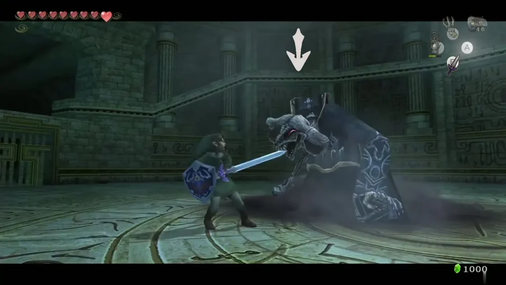 Link fighting the Death Sword with his sword in a stone arena Link fighting the Death Sword with his sword in a stone arena