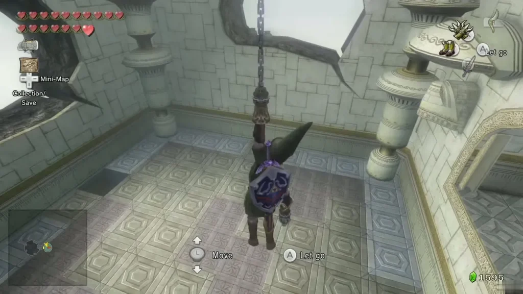 Link hanging from a chain in a stone hall after latching on with the Clawshot Link hanging from a chain in a stone hall after latching on with the Clawshot