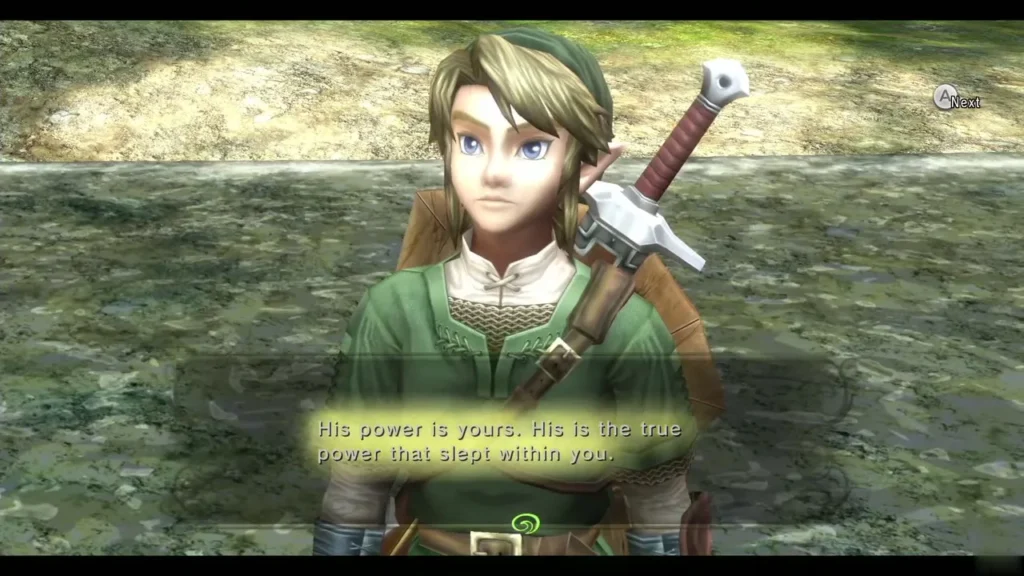 Link in the green Hero's Clothes as he hears that his true power slept within him Link in the green Hero's Clothes as he hears that his true power slept within him