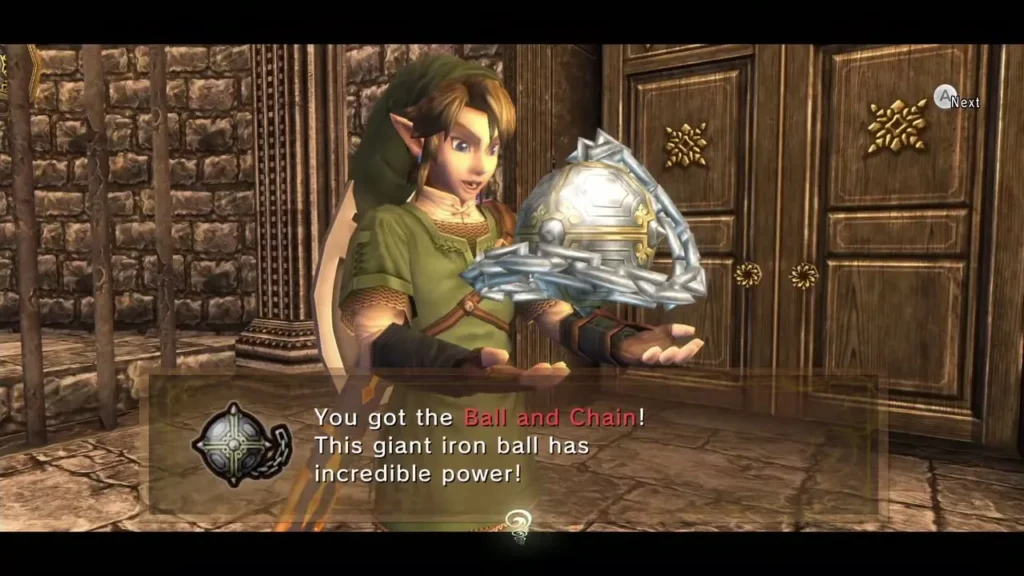 Link holding up the Ball and Chain with the You got the Ball and Chain message Link holding up the Ball and Chain with the You got the Ball and Chain message