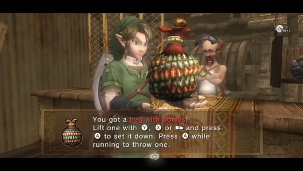 Link holding up the Bag with Bombs with its item message box Link holding up the Bag with Bombs with its item message box
