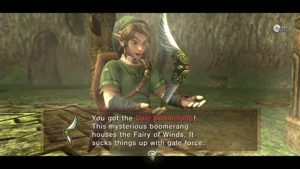 Link holding up the Gale Boomerang with the You got the Gale Boomerang message Link holding up the Gale Boomerang with the You got the Gale Boomerang message