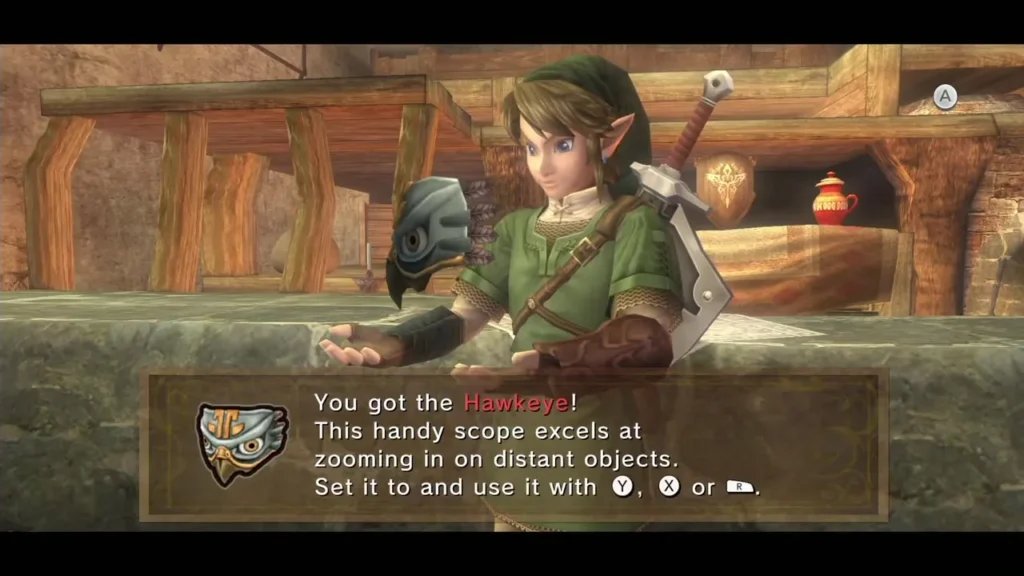 Link holding up the Hawkeye with its item message box Link holding up the Hawkeye with its item message box