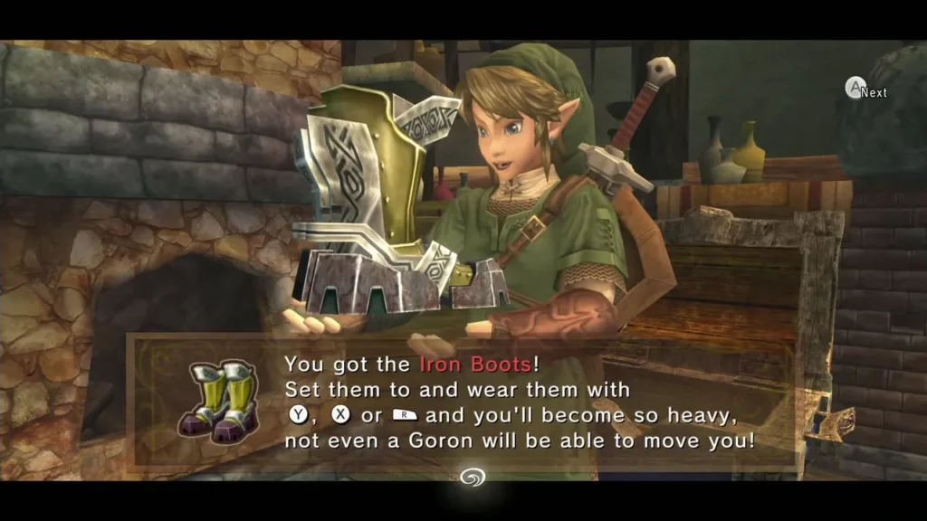 Link holding up the Iron Boots with the complete item message box Link holding up the Iron Boots with the complete item message box