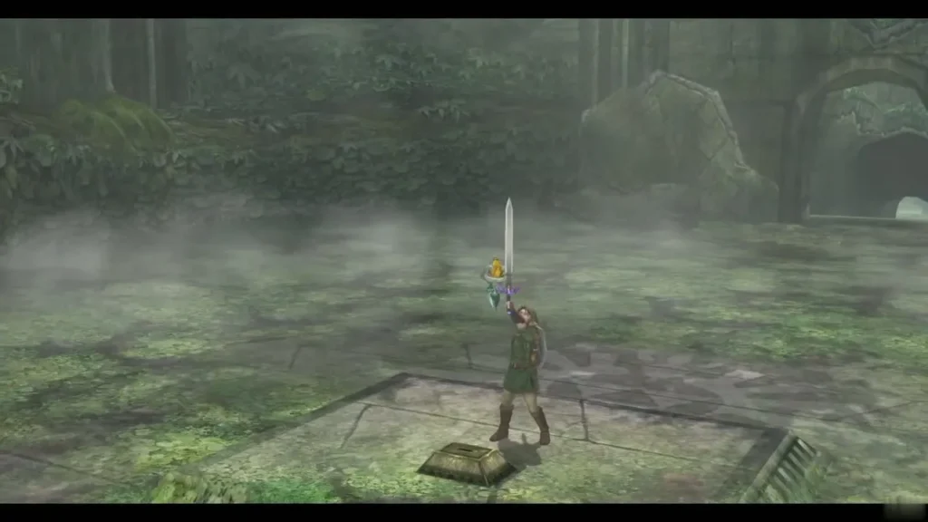 Link standing on a stone pedestal with the Master Sword raised in the mossy grove Link standing on a stone pedestal with the Master Sword raised in the mossy grove