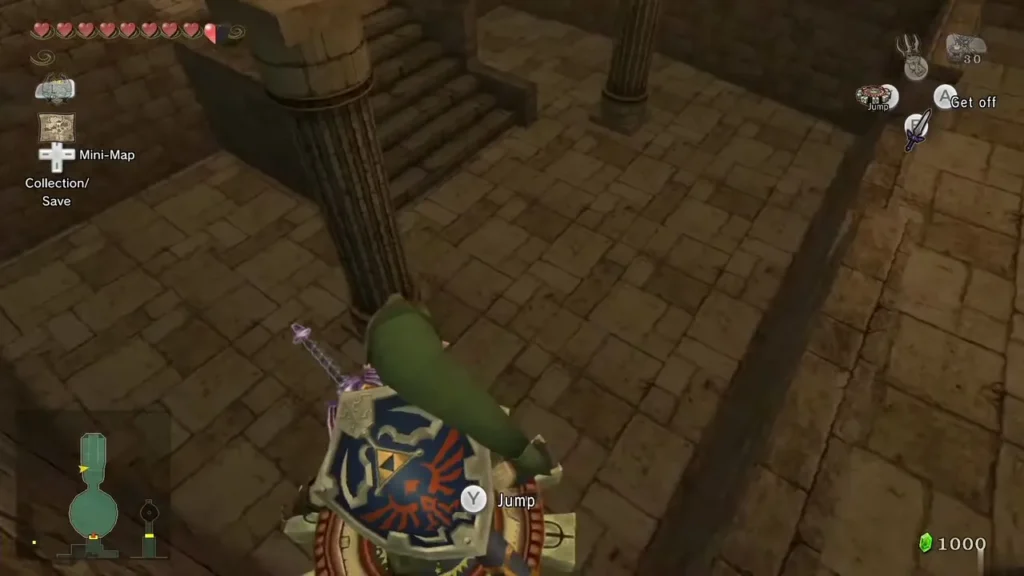 Link riding the Spinner along a rail beside a stone wall Link riding the Spinner along a rail beside a stone wall
