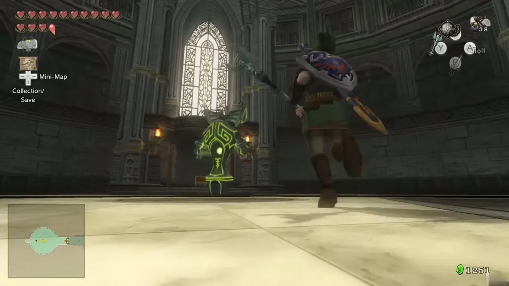 Link running past a glowing green statue brought to life by the Dominion Rod Link running past a glowing green statue brought to life by the Dominion Rod