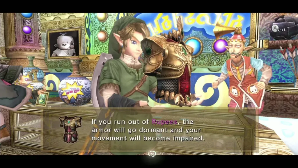 Link wearing the Magic Armor while the message warns about running out of Rupees Link wearing the Magic Armor while the message warns about running out of Rupees