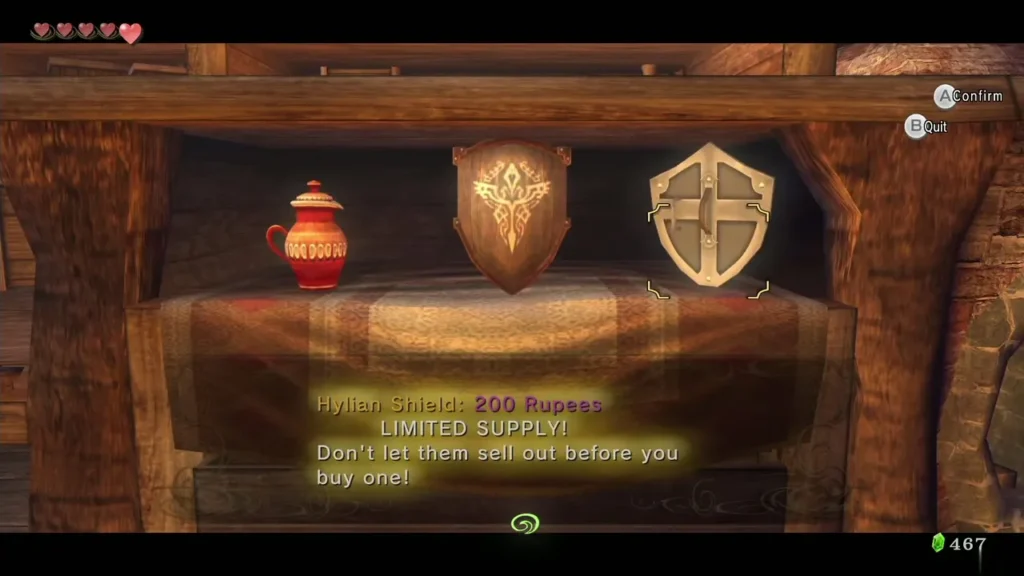 Hylian Shield on a shop shelf priced at 200 Rupees with a limited supply note Hylian Shield on a shop shelf priced at 200 Rupees with a limited supply note