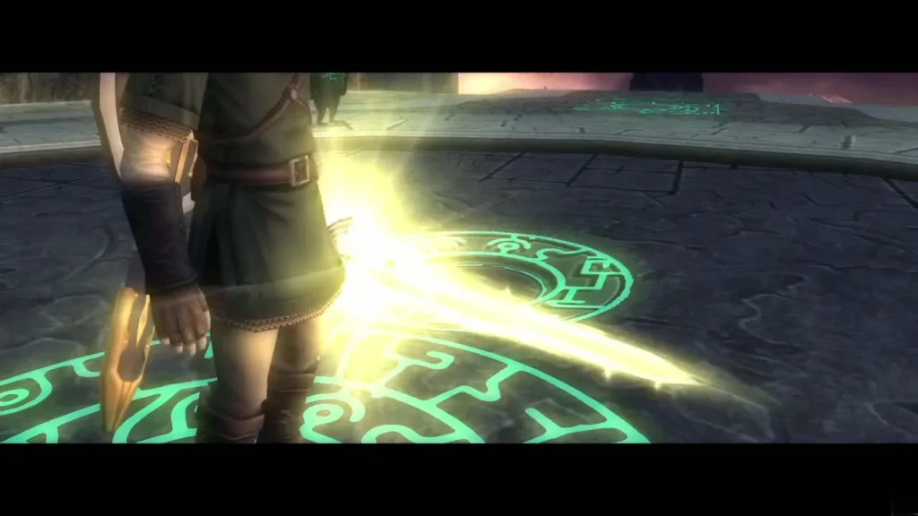 The Master Sword blade glowing with golden light beside a Twilight Realm sigil The Master Sword blade glowing with golden light beside a Twilight Realm sigil