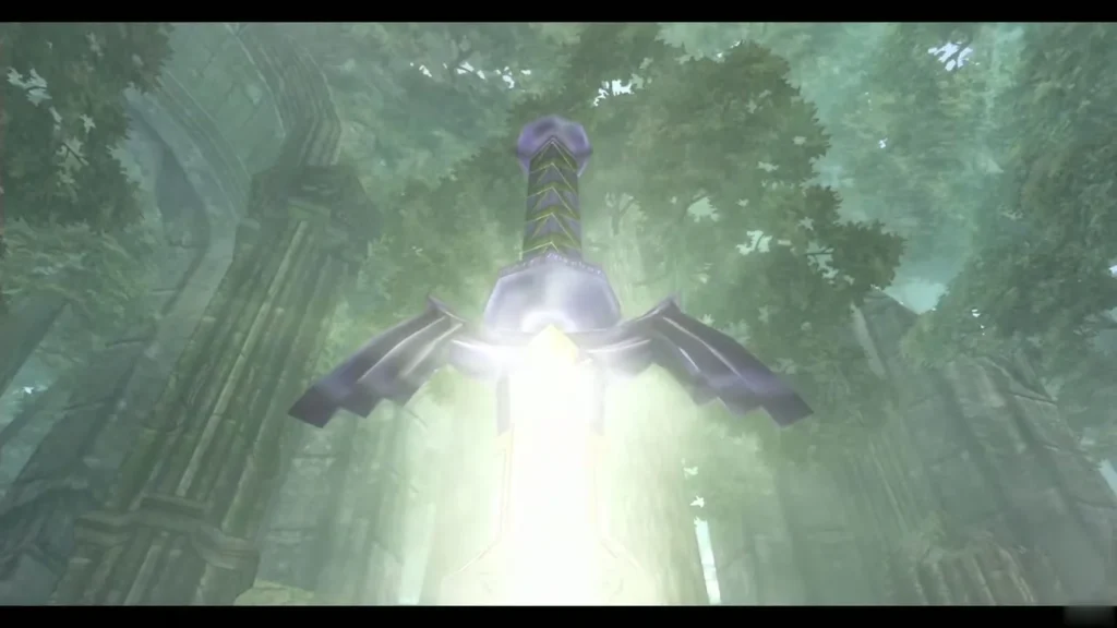 The Master Sword rising from its pedestal in a light beam in the Sacred Grove The Master Sword rising from its pedestal in a light beam in the Sacred Grove