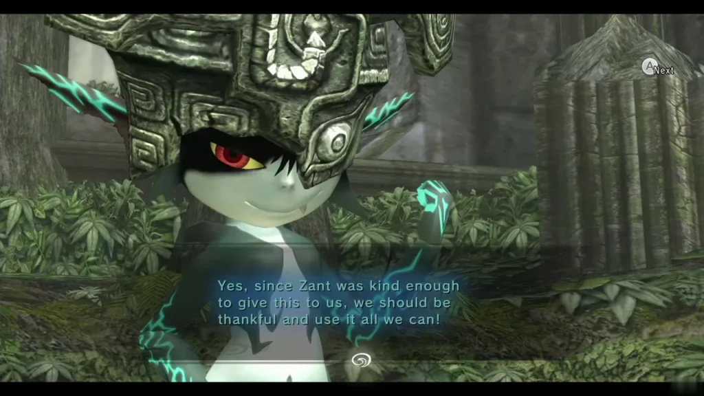 Midna in the grove speaking with the message about the item Zant gave them Midna in the grove speaking with the message about the item Zant gave them