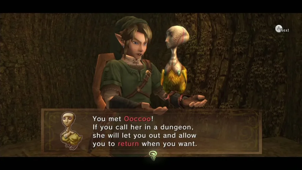 Link with Ooccoo in a forest room, the message box explaining she will let him out of dungeons Link with Ooccoo in a forest room, the message box explaining she will let him out of dungeons