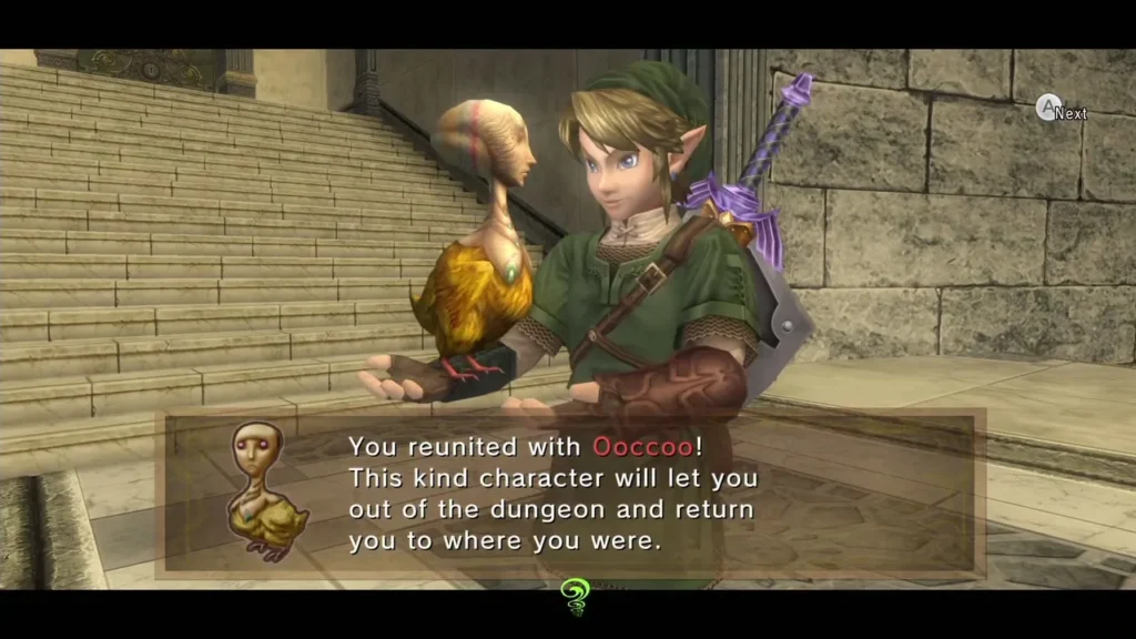 Link holding Ooccoo on the stairs with the You reunited with Ooccoo message box Link holding Ooccoo on the stairs with the You reunited with Ooccoo message box