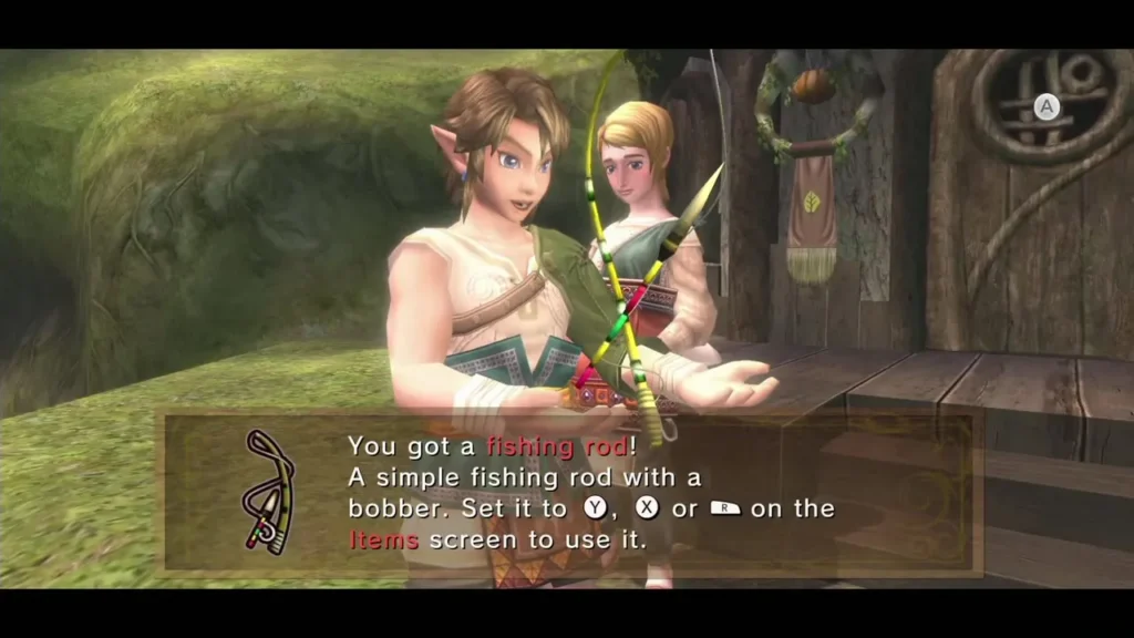 Uli gives Link a Fishing Rod, with the item message box in Ordon Village Uli gives Link a Fishing Rod, with the item message box in Ordon Village
