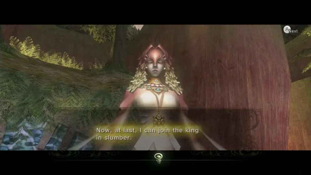 Queen Rutela's spirit speaking to Link in a forest setting Queen Rutela's spirit speaking to Link in a forest setting