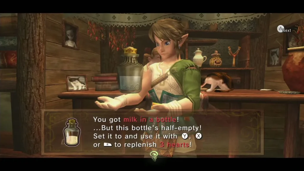 Link with the bottle of goat milk from Sera, with its item message box Link with the bottle of goat milk from Sera, with its item message box