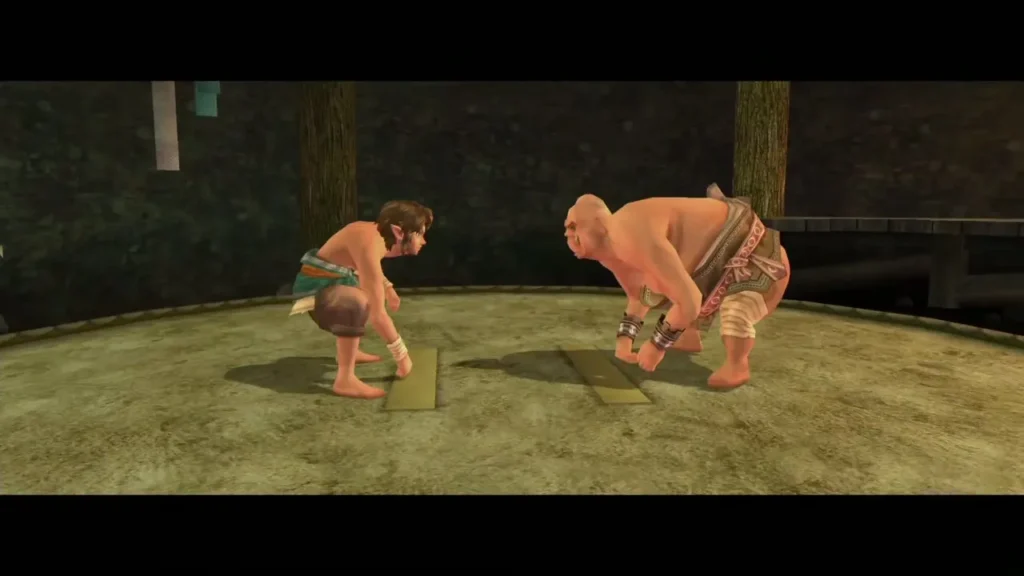 Link and Mayor Bo crouched at the start of a sumo bout Link and Mayor Bo crouched at the start of a sumo bout