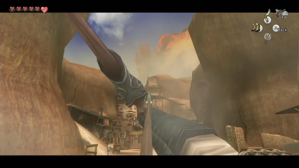First-person view of the Hero's Bow aimed across Kakariko Village from the watchtower First-person view of the Hero's Bow aimed across Kakariko Village from the watchtower