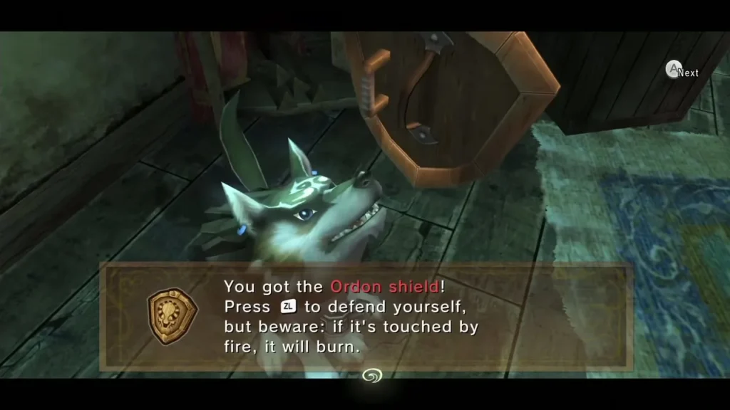 Wolf Link beside the Ordon Shield with the You got the Ordon shield message Wolf Link beside the Ordon Shield with the You got the Ordon shield message