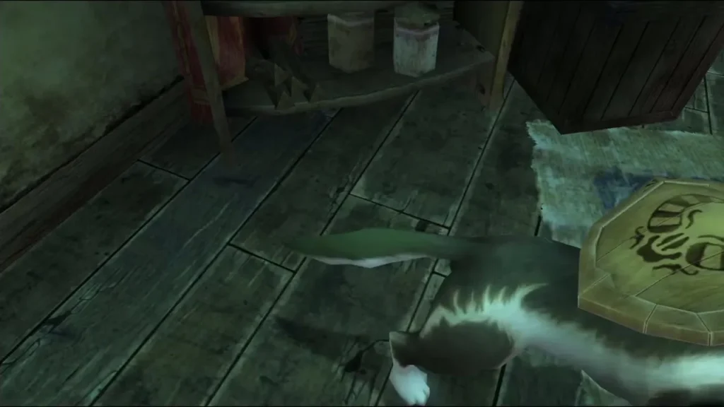 Wolf Link passing the Ordon Shield on the floor of the loft Wolf Link passing the Ordon Shield on the floor of the loft