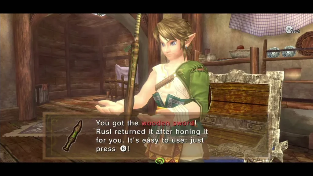 Link holding the Wooden Sword up in Ordon with the item message fully shown Link holding the Wooden Sword up in Ordon with the item message fully shown