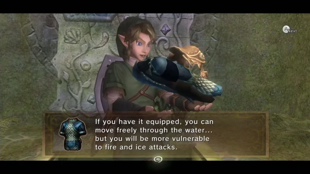 Link holding the Zora Armor as the message explains its water and fire trade-off Link holding the Zora Armor as the message explains its water and fire trade-off